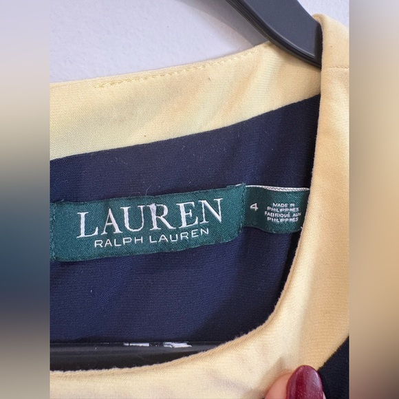 Lauren Ralph Lauren Navy Fit & Flare Dress Size 4 Yellow Trim Sleeveless Preppy - Picture 3 of 8